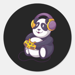 Panda Playing Video Games Wearing Headphones Classic Round Sticker