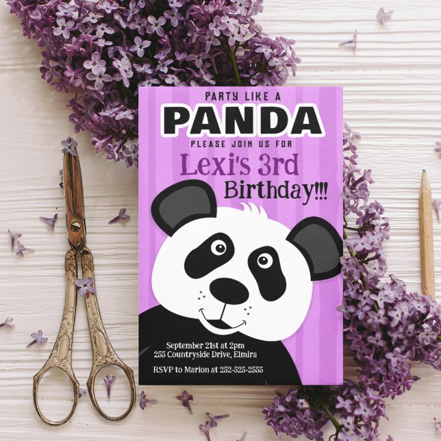 Panda Purple Girl Party Like a Panda Bear Birthday Invitation (Creator Uploaded)