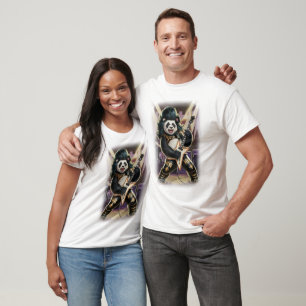 Panda Rocker playing Rock and Roll on a Black T-Shirt