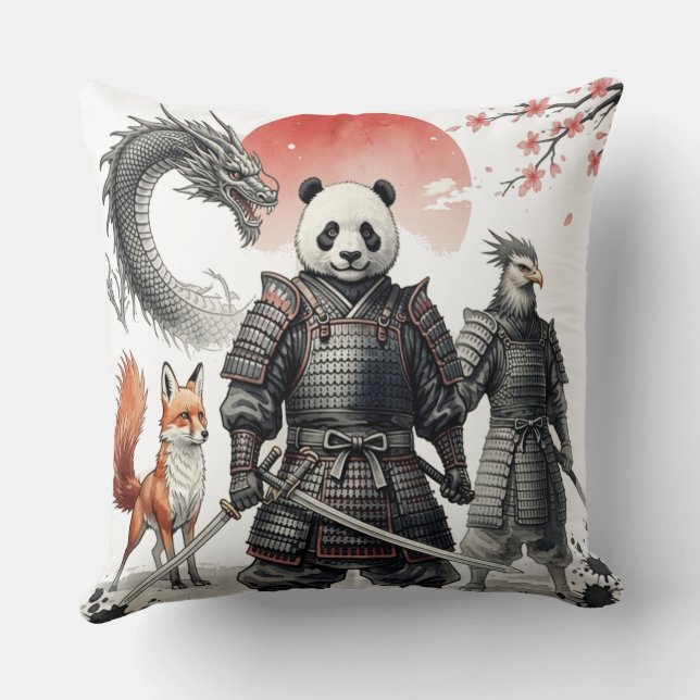 Panda Samurai & Mythical Warriors Fantasy Art Cushion (Back)