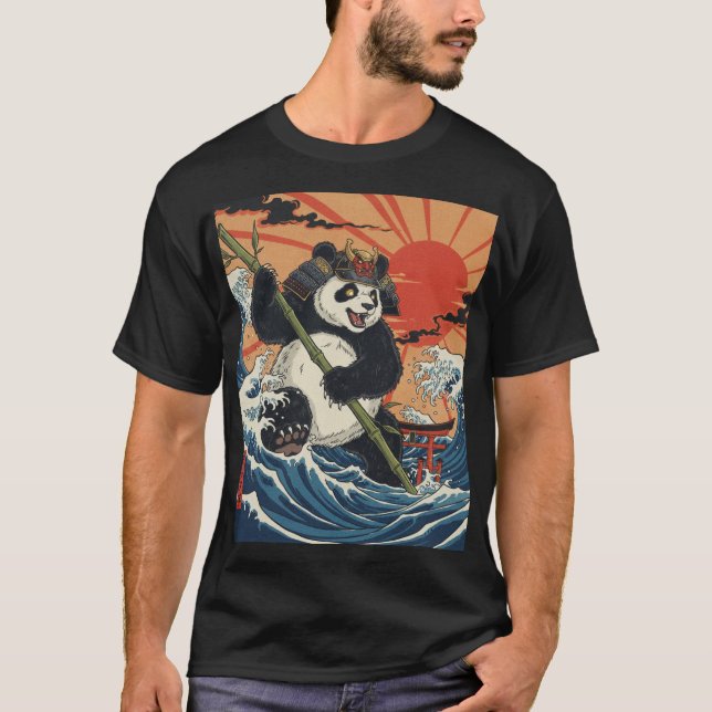 Panda Samurai Rising Amid Ukiyo Waves T-Shirt (Front)