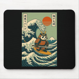 Panda Samurai Surfing Japanese Wave  Mouse Pad
