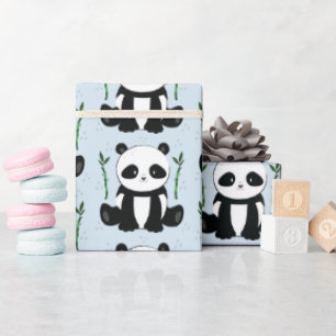 Panda Sitting with Bamboo Pattern Blue Wrapping Paper