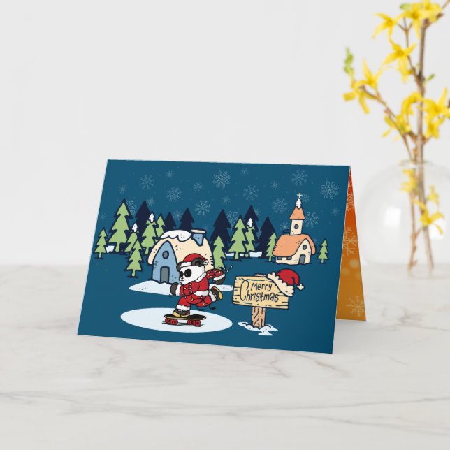Panda Skateboarder Christmas Design Card (Yellow Flower)