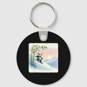 Panda Snowboarding Through Bamboo Snowy Slope. Sno Key Ring