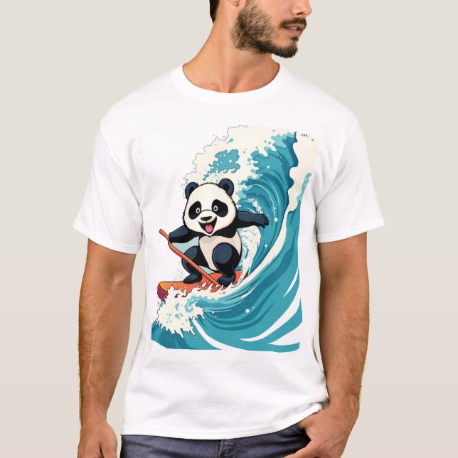 Panda Surfing a Wave T-Shirt – Fun Surfing Panda (Front)