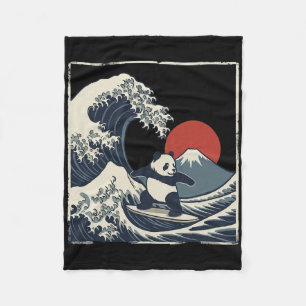 Panda Surfing Japanese Wave Great Wave _1 Fleece Blanket