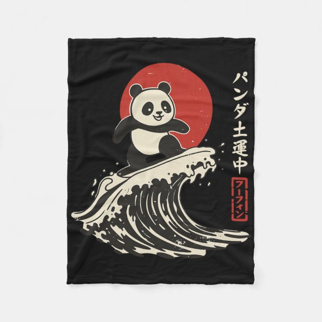 Panda Surfing Japanese Wave Great Wave  Fleece Blanket (Front)