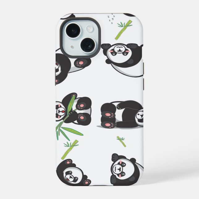 panda tile cute pattern blue iPhone 15 case (Back)