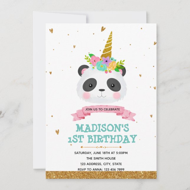 Panda unicorn birthday card invitation (Front)