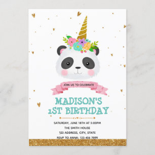 Panda unicorn birthday card invitation