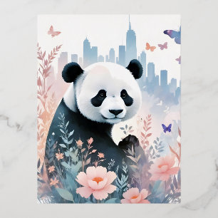 Panda Vintage Animal Nature Environment City Art Foil Holiday Postcard