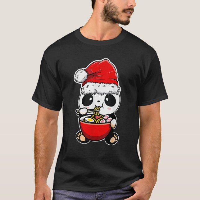 Panda Wearing Santa hat Xmas Panda Eating Ramen Ch T-Shirt (Front)