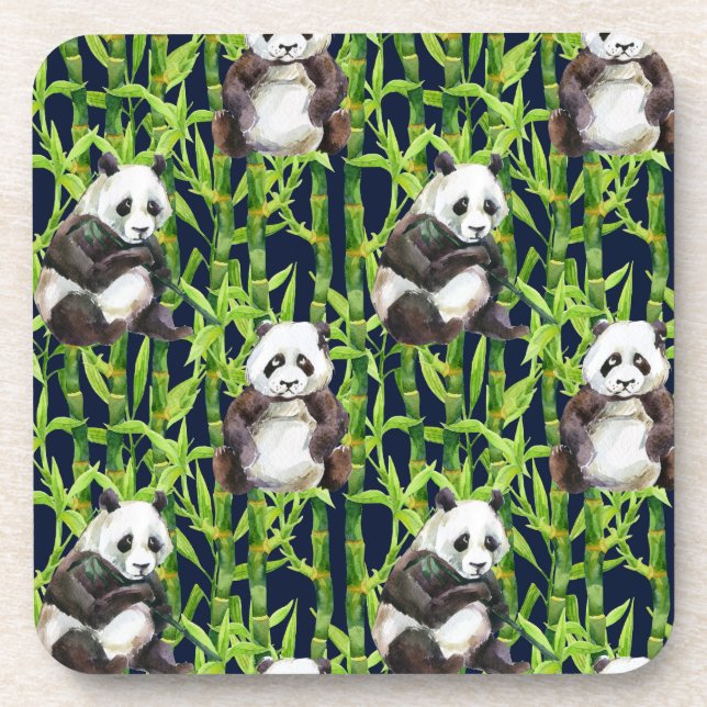 Panda With Bamboo Watercolor Pattern Coaster (Front)