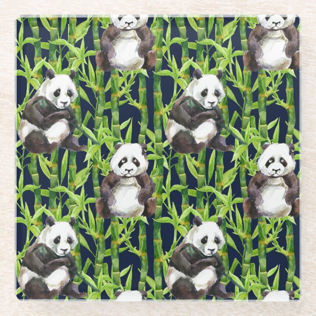 Panda With Bamboo Watercolor Pattern Glass Coaster (Front)