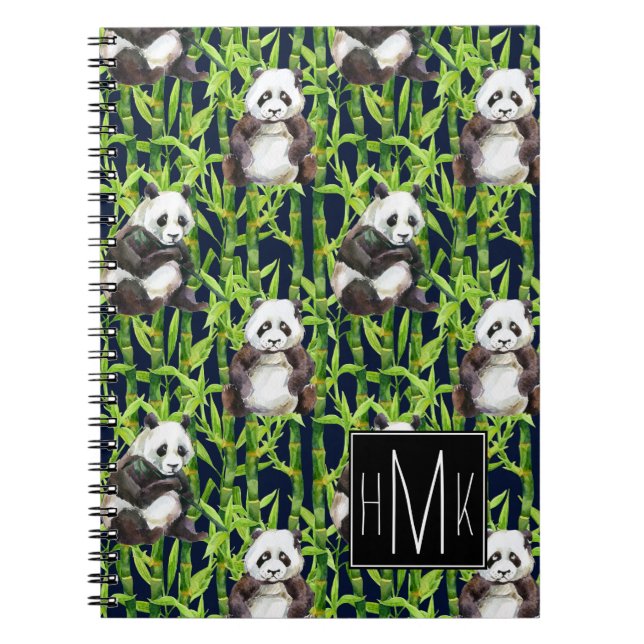 Panda With Bamboo Watercolor Pattern | Monogram Notebook (Front)