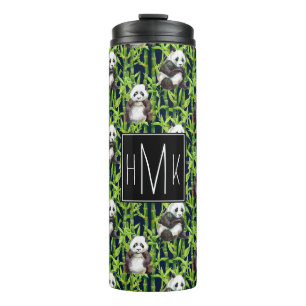 Panda With Bamboo Watercolor Pattern Monogram Thermal Tumbler