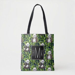 Panda With Bamboo Watercolor Pattern Monogram Tote Bag