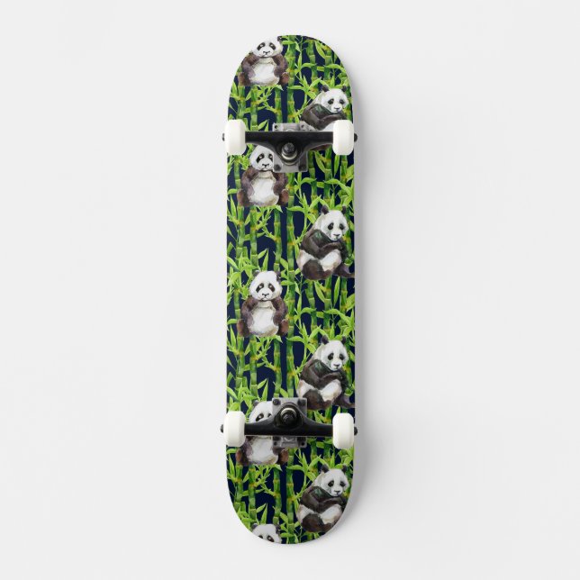 Panda With Bamboo Watercolor Pattern Skateboard (Front)
