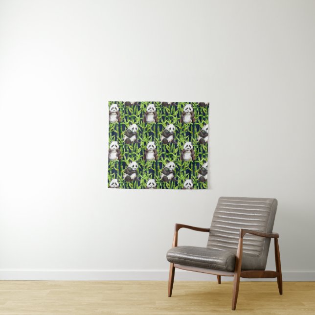 Panda With Bamboo Watercolor Pattern Tapestry (In Situ (Horizontal))