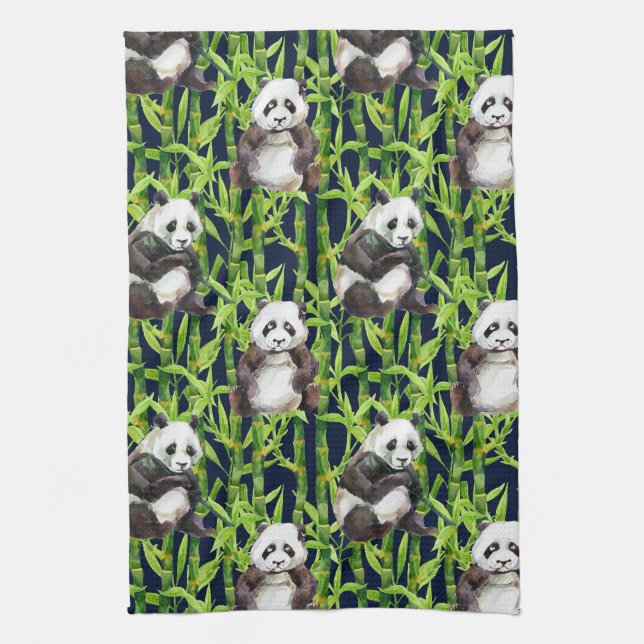 Panda With Bamboo Watercolor Pattern Tea Towel (Vertical)
