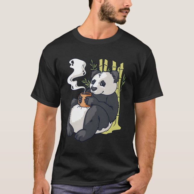 Panda With Bamboo Who Is Lounging Drinking Tea T-Shirt (Front)