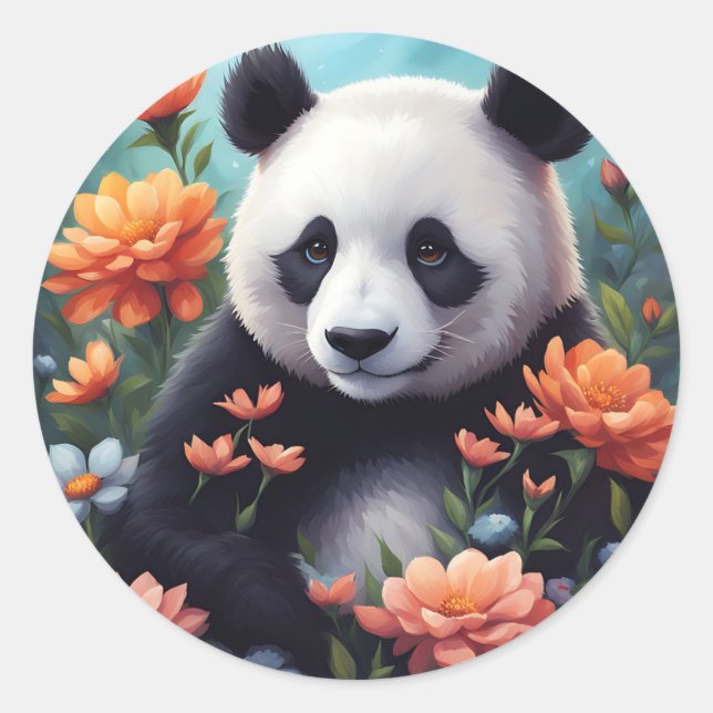 Panda With Flowers Classic Round Sticker (Front)