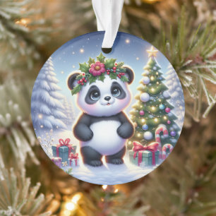 Panda with Holly Crown & Candy Canes Ornament