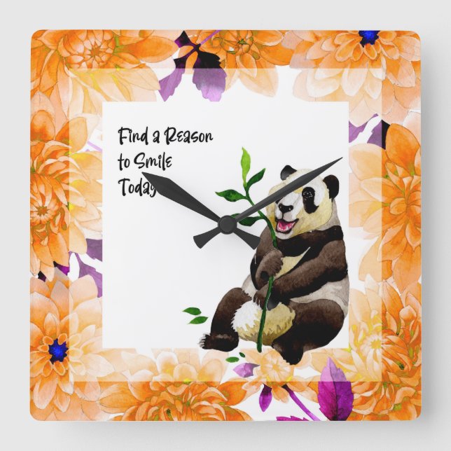 Panda with Orange Flower Frame Square Wall Clock (Front)