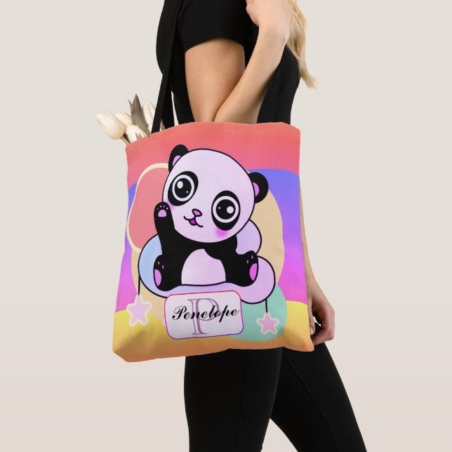 Panda with Rainbow Pastels on little Cloud Tote Bag (Close Up)
