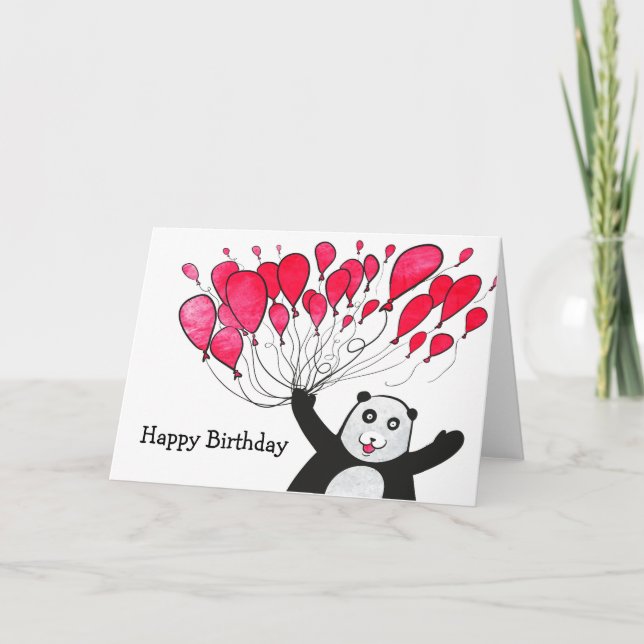 Panda with red balloons birthday card (Front)