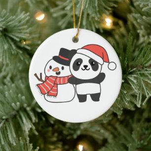Panda With Snowman In Winter For Christmas Ceramic Ornament
