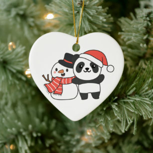 Panda With Snowman In Winter For Christmas Ceramic Ornament