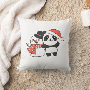 Panda With Snowman In Winter For Christmas Cushion