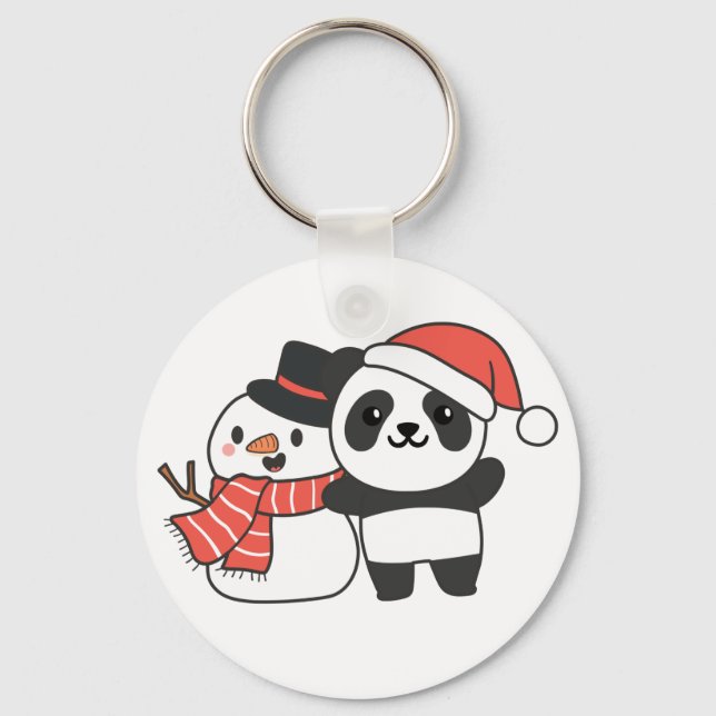 Panda With Snowman In Winter For Christmas Keychai Key Ring (Front)