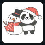 Panda With Snowman In Winter For Christmas Square  Sticker<br><div class="desc">Panda with snowman in winter for Christmas - a snowman for winter and Christmas. A winter greeting in the cold season for the holidays. Christmas panda with snowman.</div>