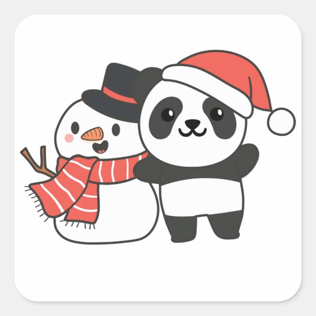 Panda With Snowman In Winter For Christmas Square  Sticker (Front)