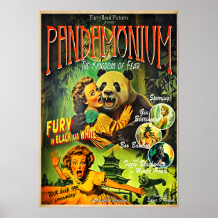 Pandamonium Funny Panda retro horror movie poster