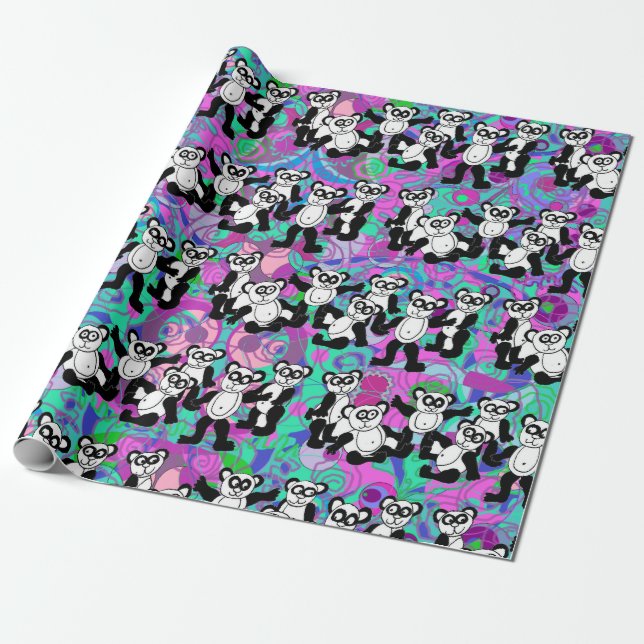 Pandas on purple wrapping paper (Unrolled)