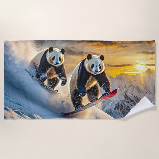 Pandas On Snowboards Design by Rich AMeN Gill Beach Towel (Front)