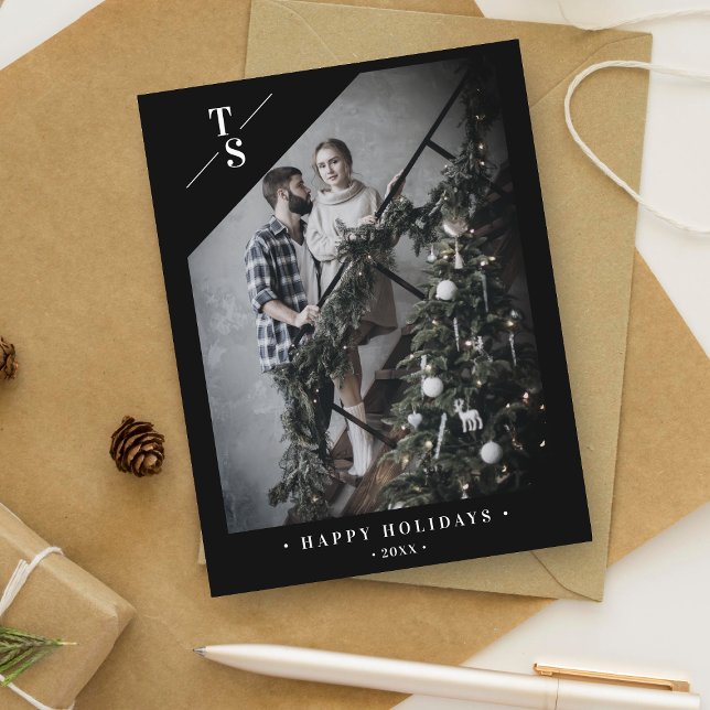Pandemic Modern Black Happy Holidays Custom Photo Announcement Postcard (Creator Uploaded)
