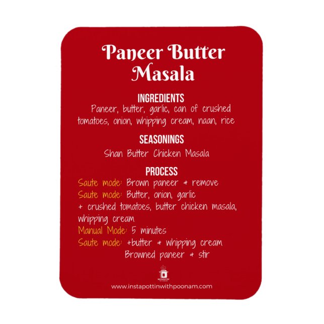 Paneer Butter Masala Recipe Magnet for Instant Pot (Vertical)