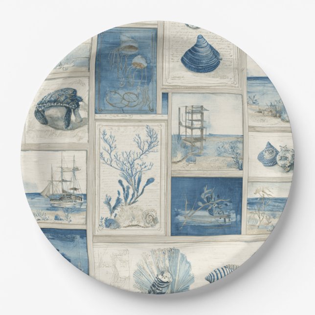 PANEL Cobalt Seas – Coastal Paradise Blocks Paper Plate (Front)