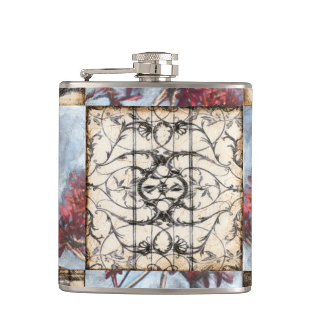 Panelled Abstract Scrollwork Painting Hip Flask (Front)