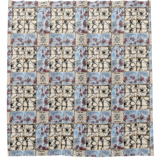 Panelled Abstract Scrollwork Painting Shower Curtain (Front)