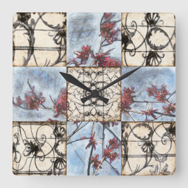 Panelled Abstract Scrollwork Painting Square Wall Clock (Front)