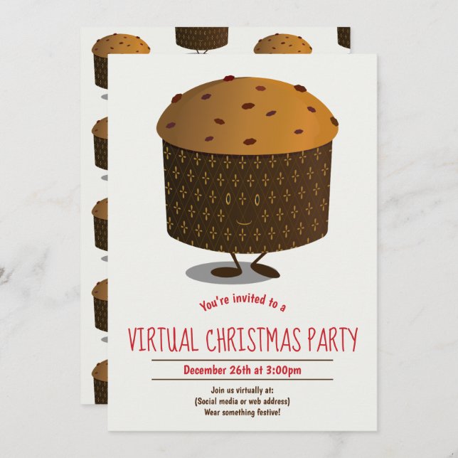 Panettone Red Brown Virtual Christmas Party Invitation (Front/Back)