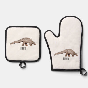 Pangolin cartoon illustration oven mitt & pot holder set