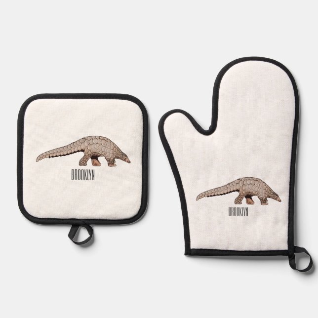 Pangolin cartoon illustration oven mitt & pot holder set (Front)
