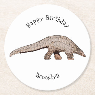 Pangolin cartoon illustration round paper coaster